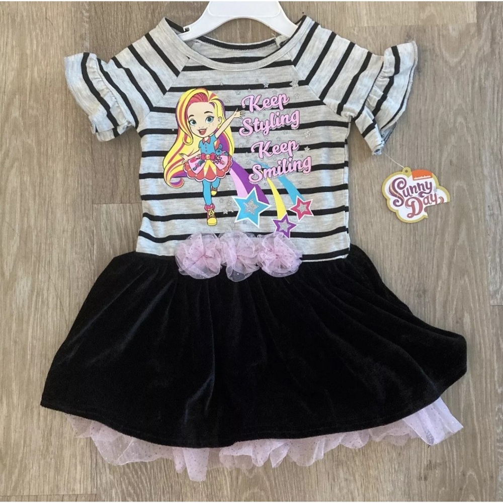 (NWT) Sunny Day Girl’s Size 2T Black Velour Lined Dress With Gray Striped Top